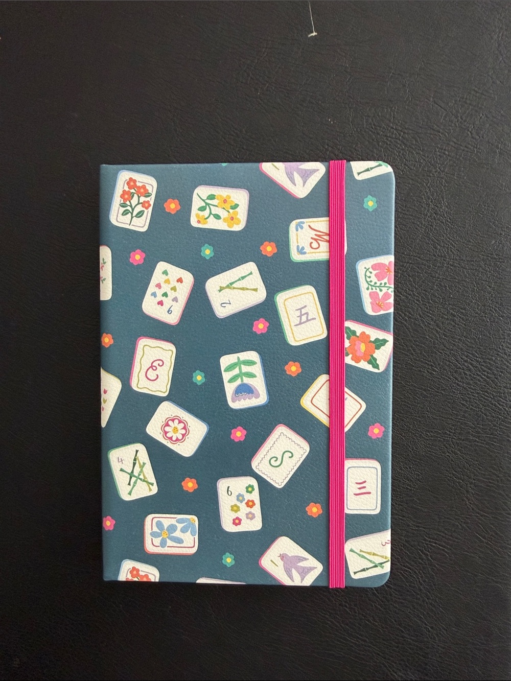 Stylish Blue Mahjong Floral with Pink Elastic Strap 5x7 Journal Notebook
